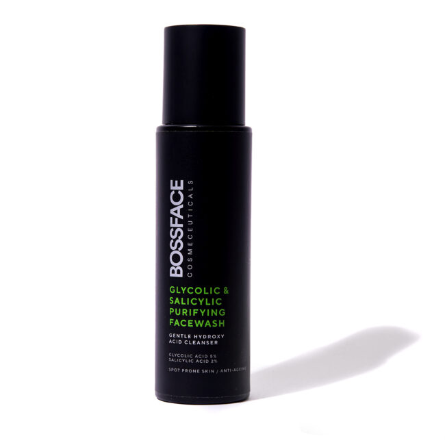 Bossface Glycolic Face Wash black bottle on a white background