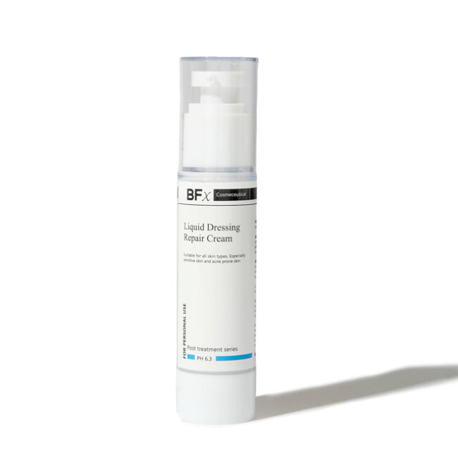 Bfx liquid dressing repair cream skincare product in a white bottle with a white background