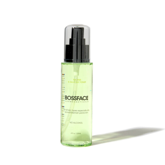 BOSSFACE Tea Tree & Salicylic Toner in a clear bottle with a white background