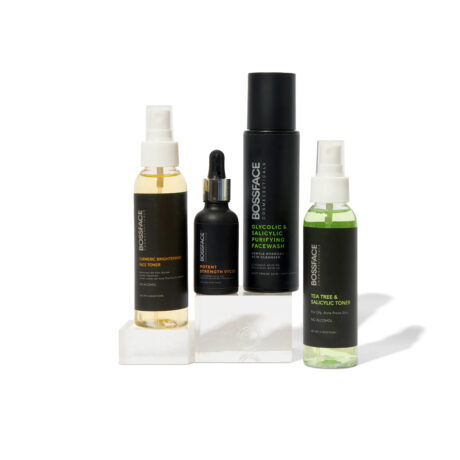 bossface products - rose toner, tumeric toner, vit c skincare bottles standing against a white background