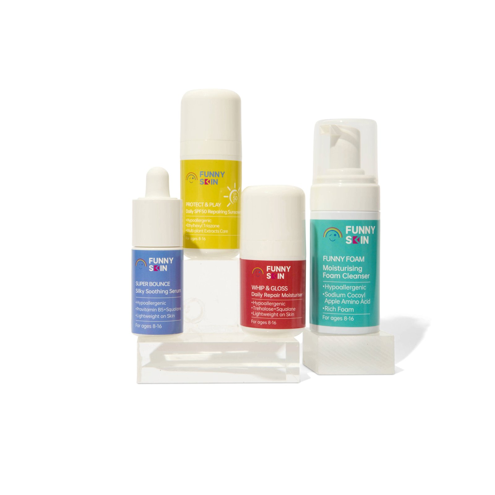 All Funny Skin Skincare products lined up with a white background